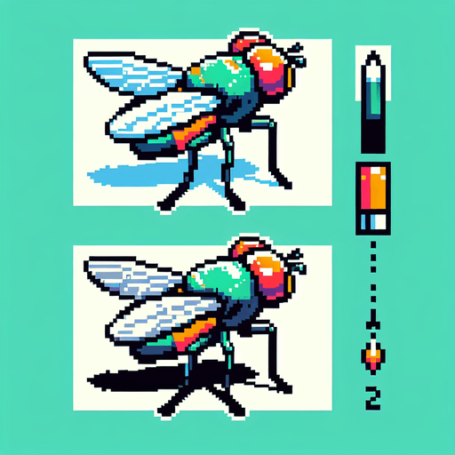 cute flying fly seen from the side. pixelated 8-bit.
Single Game Texture. In-Game asset. 2d. Blank background. High contrast. No shadows.