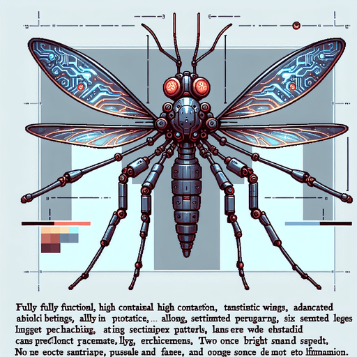 The robotic mosquito is a marvel of miniature engineering, its metallic body gleaming in the light. Its two transparent wings, adorned with intricate circuitry patterns, buzz rhythmically as it hovers and darts through the air. Six delicate legs, tipped with sharp points, enable it to perch on surfaces with remarkable precision. A pair of long, segmented antennae, their tips glowing faintly, twitch and sense the environment. Two glowing eyes, either red or blue, emit an eerie light as they scan the surroundings. However, this mechanical menace can also be crushed, its once pristine form reduced to a mangled mess of dented metal, broken wings, and exposed wires. Sparks might fly from its damaged innards, and its once bright eyes may flicker and fade. This sprite sheet captures both the living and destroyed states of the robotic mosquito, showcasing its intricate details and the grim aftermath of its demise..
Single Game Texture. In-Game asset. 2d. Blank background. High contrast. No shadows.