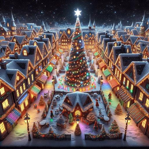 2d 3rd person front view of a christmas town square with a starry sky Single Game Texture. In-Game asset. 2d. Blank background. High contrast. No shadows.