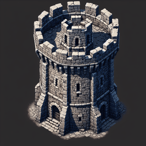 a medieval style stone tower. top down view. Single Game Texture. In-Game asset. 2d. Blank background. High contrast. No shadows.