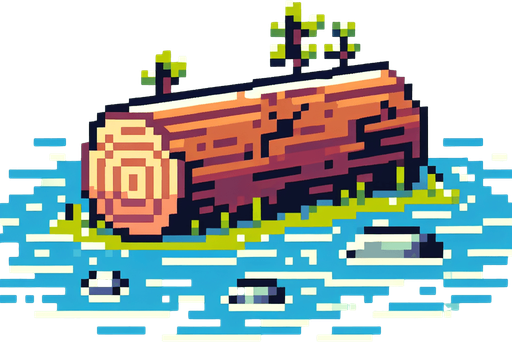 8 bit. cartoon. tree log. floating in the water.  in game asset. no background. Single Game Texture. In-Game asset. 2d. Blank background. High contrast. No shadows.