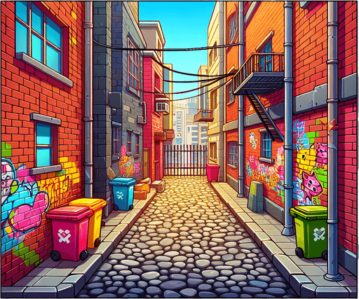 Create a cartoon-style  illustration of a back alley. The goal is to capture a lively and playful location. No skies..
Single Game Texture. In-Game asset. 2d. Blank background. High contrast. No shadows.