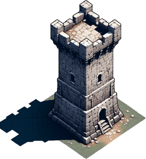 a medieval style stone tower. top down view. Single Game Texture. In-Game asset. 2d. Blank background. High contrast. No shadows.