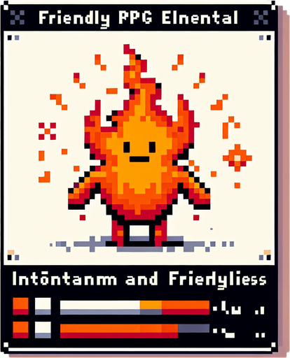 a friendly fire elemental, I want the art style to reflect a classic 16-bit retro pixel art aesthetic, reminiscent of early 1990s RPGs.
Single Game Texture. In-Game asset. 2d. Blank background. High contrast. No shadows.