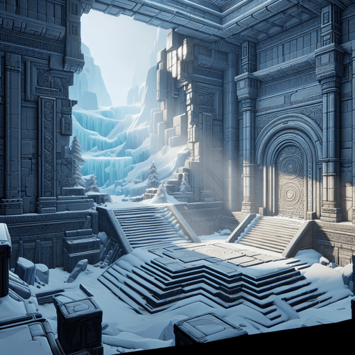 Interior of arctic temple ruins in outerspace..
Single Game Texture. In-Game asset. 2d. Blank background. High contrast. No shadows.