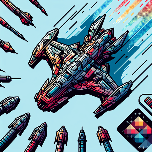 Single enemy spaceship flying straight downwards viewed from above in colour.
Single Game Texture. In-Game asset. 2d. Blank background. High contrast. No shadows.