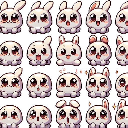 A spritesheet of cute happy and very silly-looking rabbits staring wideeyed at the camera..
Single Game Texture. In-Game asset. 2d. Blank background. High contrast. No shadows.