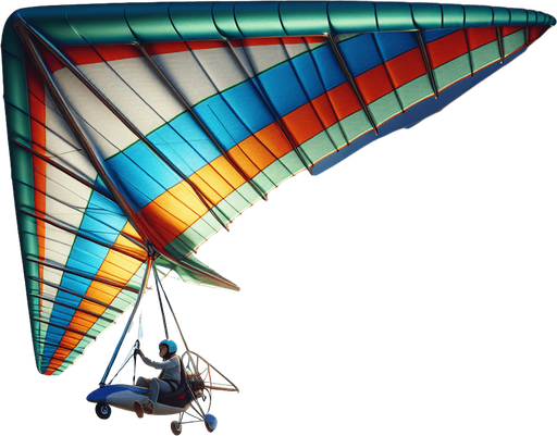 a hang glider flying.
full lateral view