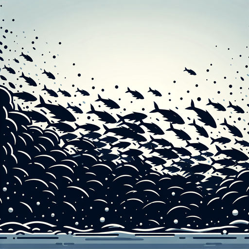 Create a cartoon-style illustration of a dark silhouette of a shoal of fish, side profile..
Single Game Texture. In-Game asset. 2d. Blank background. High contrast. No shadows.