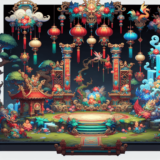 Chinese new years, enchanted forest.
Single Game Texture. In-Game asset. 2d. Blank background. High contrast. No shadows.