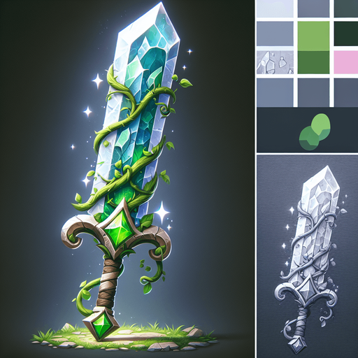 Magical elemental crystal sword made of stone and green vines..
Single Game Texture. In-Game asset. 2d. Blank background. High contrast. No shadows.