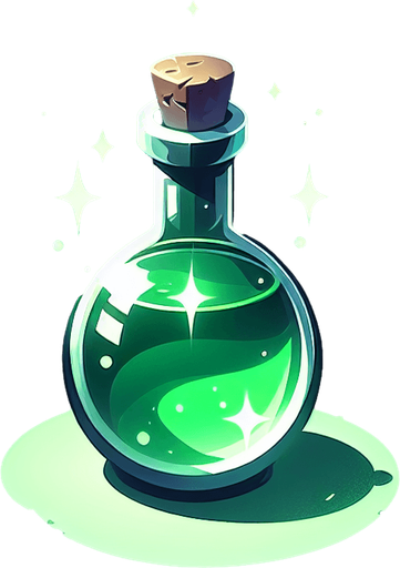 potion magique verte.
Single Game Texture. In-Game asset. 2d. Blank background. High contrast. No shadows.