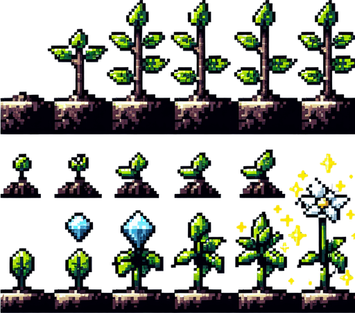 pixel art sprite sheet of a growing plant with a diamond flower.
Game asset. 2d. Blank background. High contrast. No shadows.