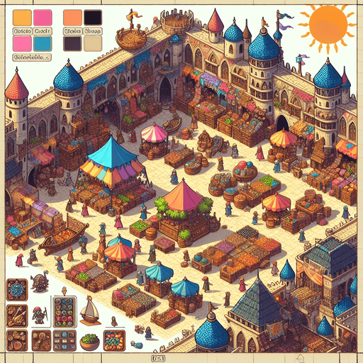 A market in a RTS fantasy style Single Game Texture. In-Game asset. 2d. Blank background. High contrast. No shadows.