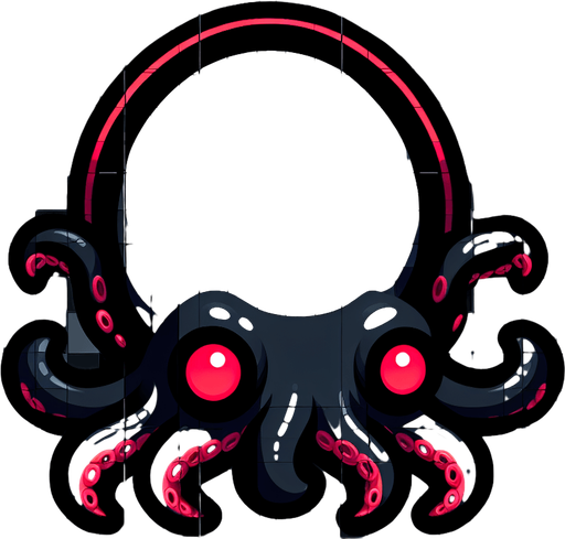 The octopus is black, with red eyes.
Single Game Texture. In-Game asset. 2d. Blank background. High contrast. No shadows.