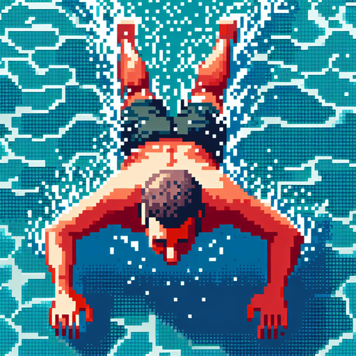 swimmer struggling to stay afloat, as if he's drowning. bird-eye view perspective. 8-bit pixelated.
Single Game Texture. In-Game asset. 2d. Blank background. High contrast. No shadows.