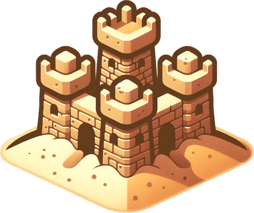 face view of a simple sandcastle with 2 flat towers on the sides and a central one a bit higher but flat too..
casual game style