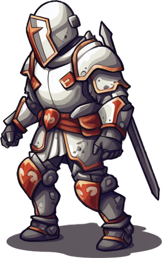 Heroic knight walking to the right.
Game Texture. In-Game asset. 2d. Pixelart. White background. Blank background. Low detail. High contrast.