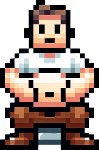 8-bit pixelated image of a video game character sitting with hands on a large belly, wearing a white shirt and brown pants. The setting is a simple bathroom, with the character as the main focus.
Single Game Texture. In-Game asset. 2d. Blank background. High contrast. No shadows.