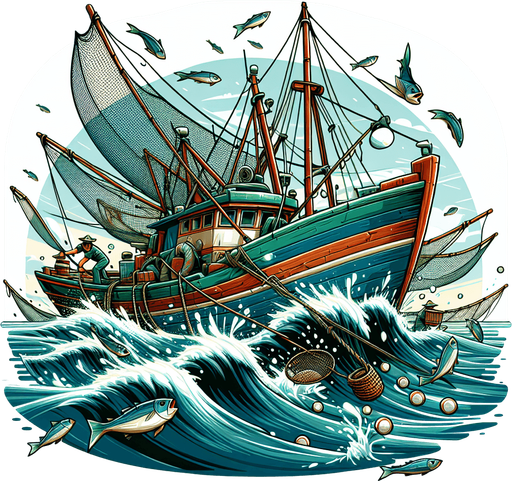 Create a cartoon-style illustration of a fishing boat. The goal is to capture a lively boat in action..
Single Game Texture. In-Game asset. 2d. Blank background. High contrast. No shadows.