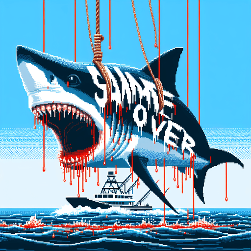 high quality pixel art based background image for a movie showing a Shark hung on a hunting fishing yacht. GAME OVER text written in sharp white fangs text with red blood dripping all around the text.
Single Game Texture. In-Game asset. 2d. Blank background. High contrast. No shadows.