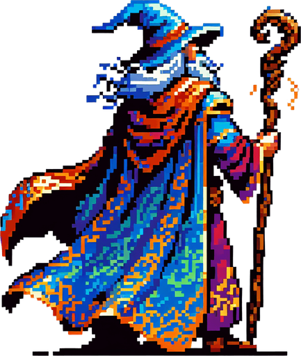 A wizard hero facing away with his back turned with his staff in the air
I want the art style to reflect a classic 16-bit retro pixel art aesthetic, reminiscent of early 1990s RPGs with vibrant colors. The environment should have a rich, fantasy-themed design with intricate backgrounds and a nostalgic, old-school feel..
Single Game Texture. In-Game asset. 2d. Blank background. High contrast. No shadows.