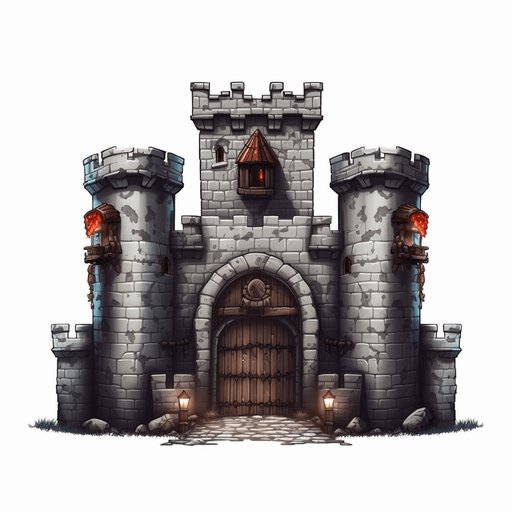 Full view Hero stronghold with gate at the right.
Game Texture. In-Game asset. 2d. Pixelart. White background. Blank background. Low detail. High contrast.