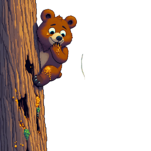 pixel art. a full screen illustration. a likeable and very content little bear cub with a punctured and deflated red baloon is looking down from an incredibly tall redwood tree, inspecting where to get a foothold in order to climb down. The baloon has a puncture in it, from a bee sting, where air is visible flowing out of it, deflating it. the bear's face and fur is smeared a bit with all the delicious golden yellow honey he just ate, which he is enjoying and feeling satiated from. The picture should adhere to the bear's perspective, looking down the tall tree trunk towards the green meadow beneath him. It's a bright summer day with a clear blue sky. Mountains in the distance..
Single Game Texture. In-Game asset. 2d. Blank background. High contrast. No shadows.