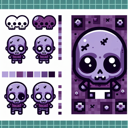 cute zombie in purple.
Single Game Texture. In-Game asset. 2d. Blank background. High contrast. No shadows. top down view. bird view