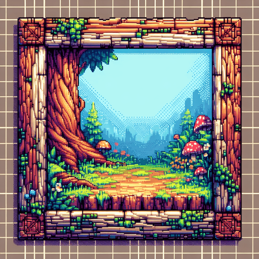 Wooden engrained frame. I want the art style to reflect a classic 16-bit retro pixel art aesthetic, reminiscent of early 1990s RPGs with vibrant colors. The environment should have a rich, fantasy-themed design with intricate backgrounds and a nostalgic, old-school feel..
Single Game Texture. In-Game asset. 2d. Blank background. High contrast. No shadows.