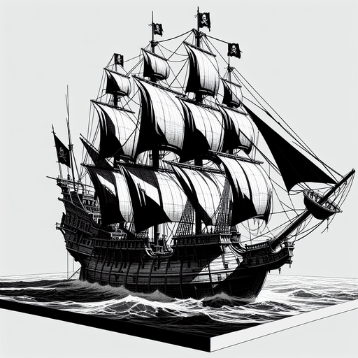 pirate caravel, side view, black and white,.
Single Game Texture. In-Game asset. 2d. Blank background. High contrast. No shadows.