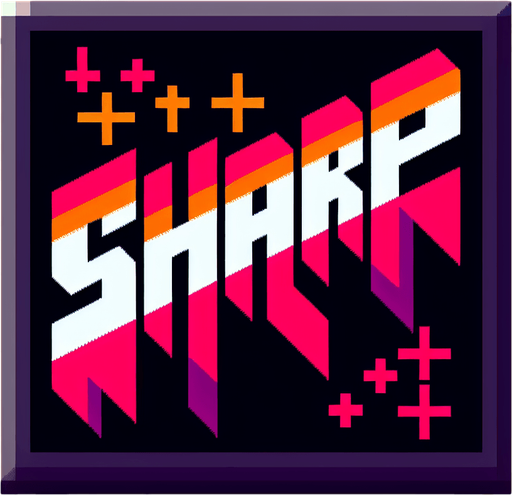 colored text saying (SHARP).
 Single Game Texture. In-Game asset. 2d. Blank background. High contrast. No shadows. pixelated. 8 bit. retro