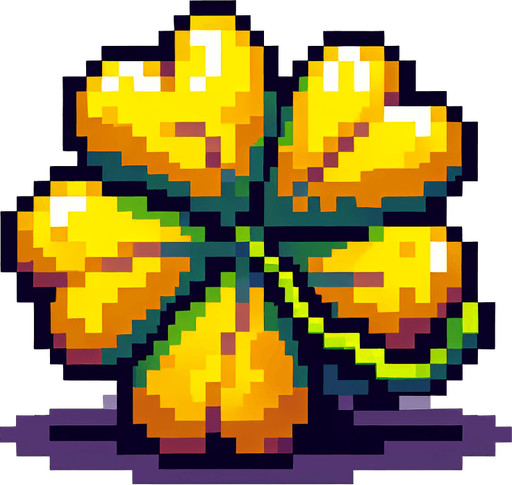 pixel art of a 4 leaf yellow clover..
Single Game Texture. In-Game asset. 2d. Blank background. High contrast. No shadows.