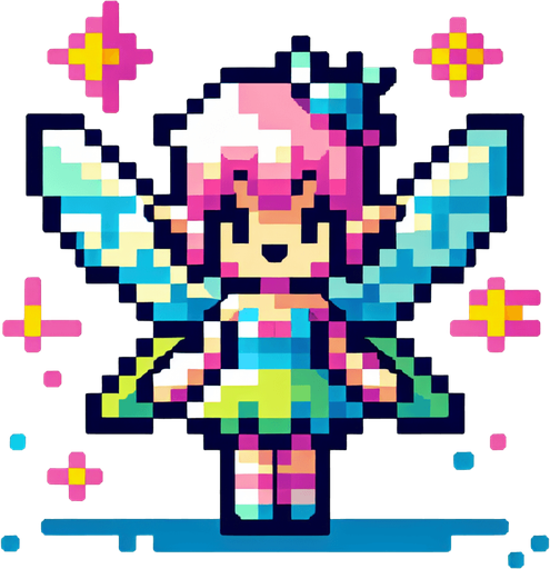 8-bit cartoon colorfull square fairy..
Single Game Texture. In-Game asset. 2d. Blank background. High contrast. No shadows.