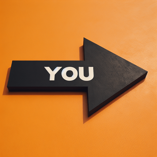 A big black horizontal arrow pointing left with centred text 'YOU' in capital letters, painted on an orange floor..
horizontal and pointing left