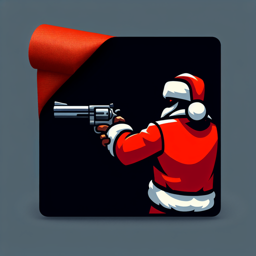 over the shoulder santa firing a revolver Single Game Texture. In-Game asset. 2d. Blank background. High contrast. No shadows.