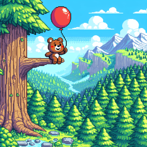 pixel art. a full screen illustration. a likeable and very satiated and content little bear cub with a red baloon is flying away from an incredibly tall redwood tree at considerable height. It's a bright summer day with a clear blue sky. Forest covered mountains in the distance. The overall feel should be happy complacency, even in a place of peril..
Single Game Texture. In-Game asset. 2d. Blank background. High contrast. No shadows.