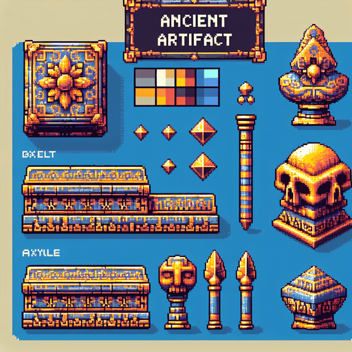 ancient artifact, front facing, I want the art style to reflect a classic 16-bit retro pixel art aesthetic, reminiscent of early 1990s RPGs with vibrant colors...
Single Game Texture. In-Game asset. 2d. Blank background. High contrast. No shadows.