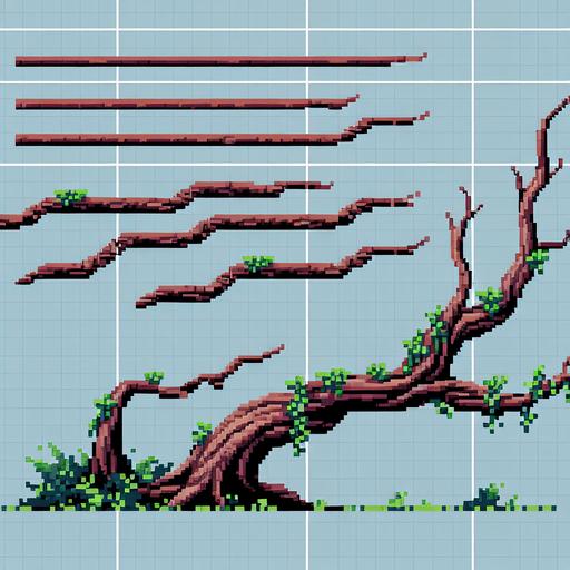 pixelart. A ong horizontally growing  branch grown from a redwood tree. The tree itself should not be included in the image, only the branch..
Single Game Texture. In-Game asset. 2d. Blank background. High contrast. No shadows.