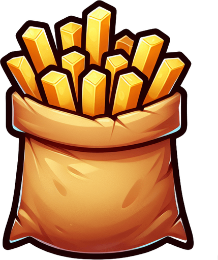 Create a cartoon-style illustration of fries in a brown bag. The goal is to capture a lively and playful object. Front perspective.
Single Game Texture. In-Game asset. 2d. Blank background. High contrast. No shadows.