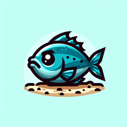 create a cartoon-style illustration of a fish ashore, front view.
Single Game Texture. In-Game asset. 2d. Blank background. High contrast. No shadows.