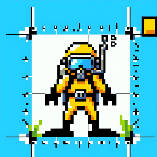 8-bit. cartoon. scubadiver. yellow. oldschool..
Single Game Texture. In-Game asset. 2d. Blank background. High contrast. No shadows.