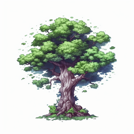 single background tree, full view.
Game Texture. In-Game asset. 2d. Pixelart. White background. Blank background. Low detail. High contrast.