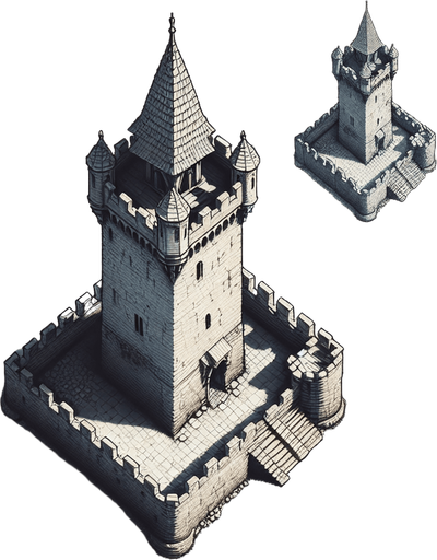 a medieval style stone tower. top down view. Single Game Texture. In-Game asset. 2d. Blank background. High contrast. No shadows.