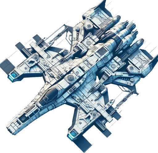 Single futuristic spaceship flying straight  upwards viewed from above in colour without any background.
Single Game Texture. In-Game asset. 2d. Blank background. High contrast. No shadows.