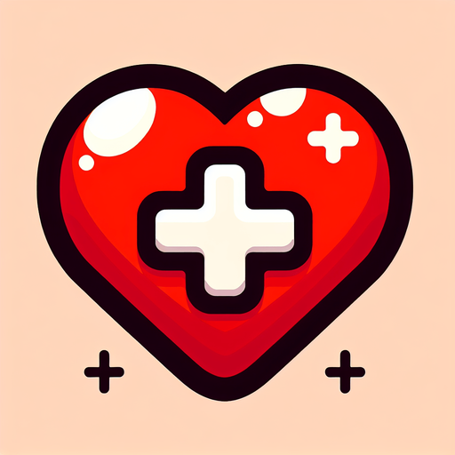 Red 
Heart  with plus symbol at centre.
Single Game Texture. In-Game asset. 2d. Blank background. High contrast. No shadows.