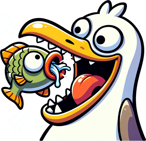 create a cartoon-style illustration of a seagul's face chomping down on a fish make it comical..
Single Game Texture. In-Game asset. 2d. Blank background. High contrast. No shadows.