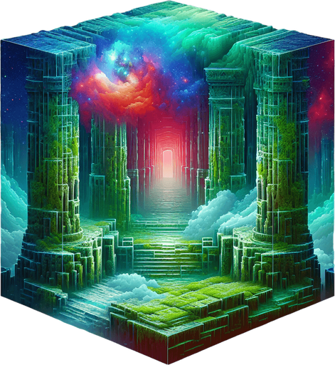 Mossy green ancient temple ruins interior surrounded by colorful galactic clouds..
Single Game Texture. In-Game asset. 2d. Blank background. High contrast. No shadows.