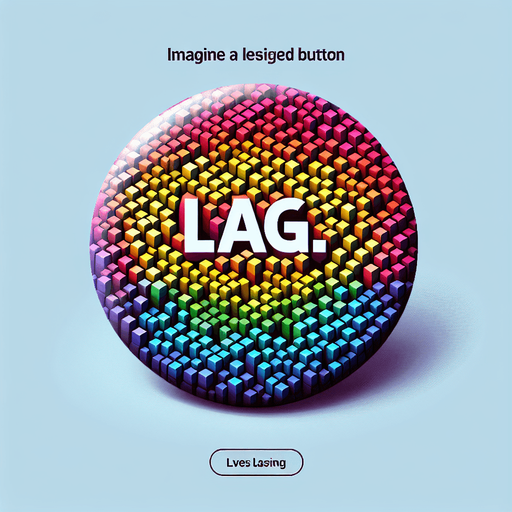 a button with random rainbow cubes on it over the text "lag".
Single Game Texture. In-Game asset. 2d. Blank background. High contrast. No shadows.