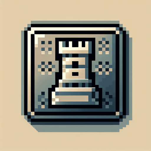 A metalic square button with the symbol of a tower from chess. Pixelart. Gamegui style. Medieval. Single Game Texture. In-Game asset. 2d. Blank background. High contrast. No shadows.